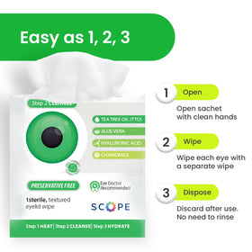 Optase wipes placed near contact lens case, indicating compatibility and simple care