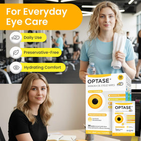 Optase wipe demonstrated on model gently cleansing eyelid for comfort