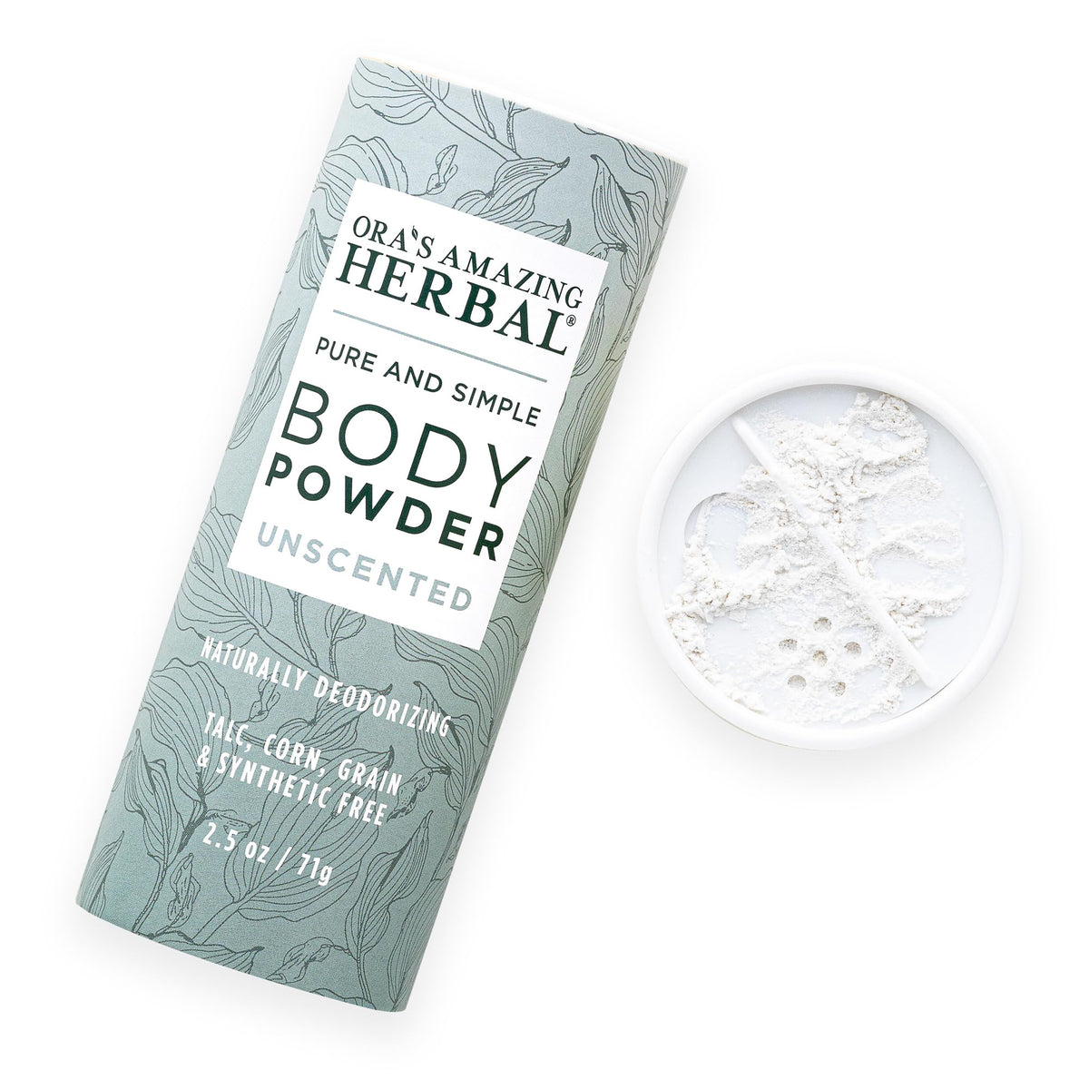 Ora's Amazing Herbal front packaging showing unscented powder benefits