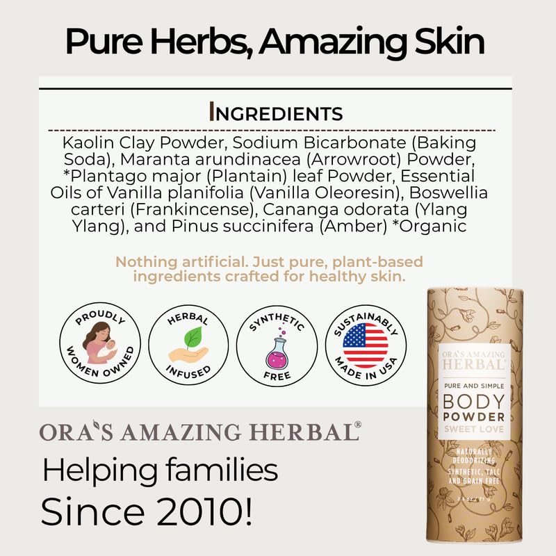 Ora's Amazing Herbal arrowroot and kaolin clay ingredients highlighted for gentle absorbency