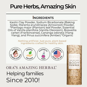 Ora's Amazing Herbal arrowroot and kaolin clay ingredients highlighted for gentle absorbency