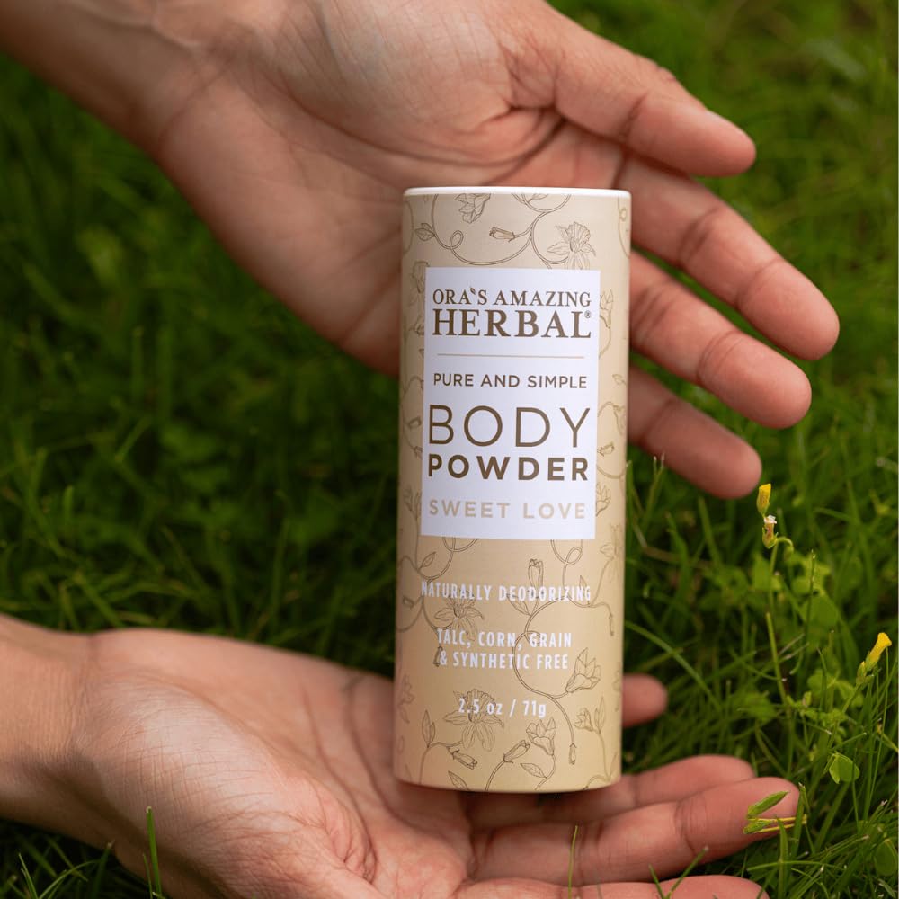 Ora's Amazing Herbal Sweet Love tube on bathroom shelf conveying natural self-care