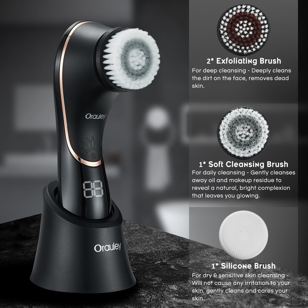 Orauley close-up of rotating brush head highlighting deep pore cleaning action
