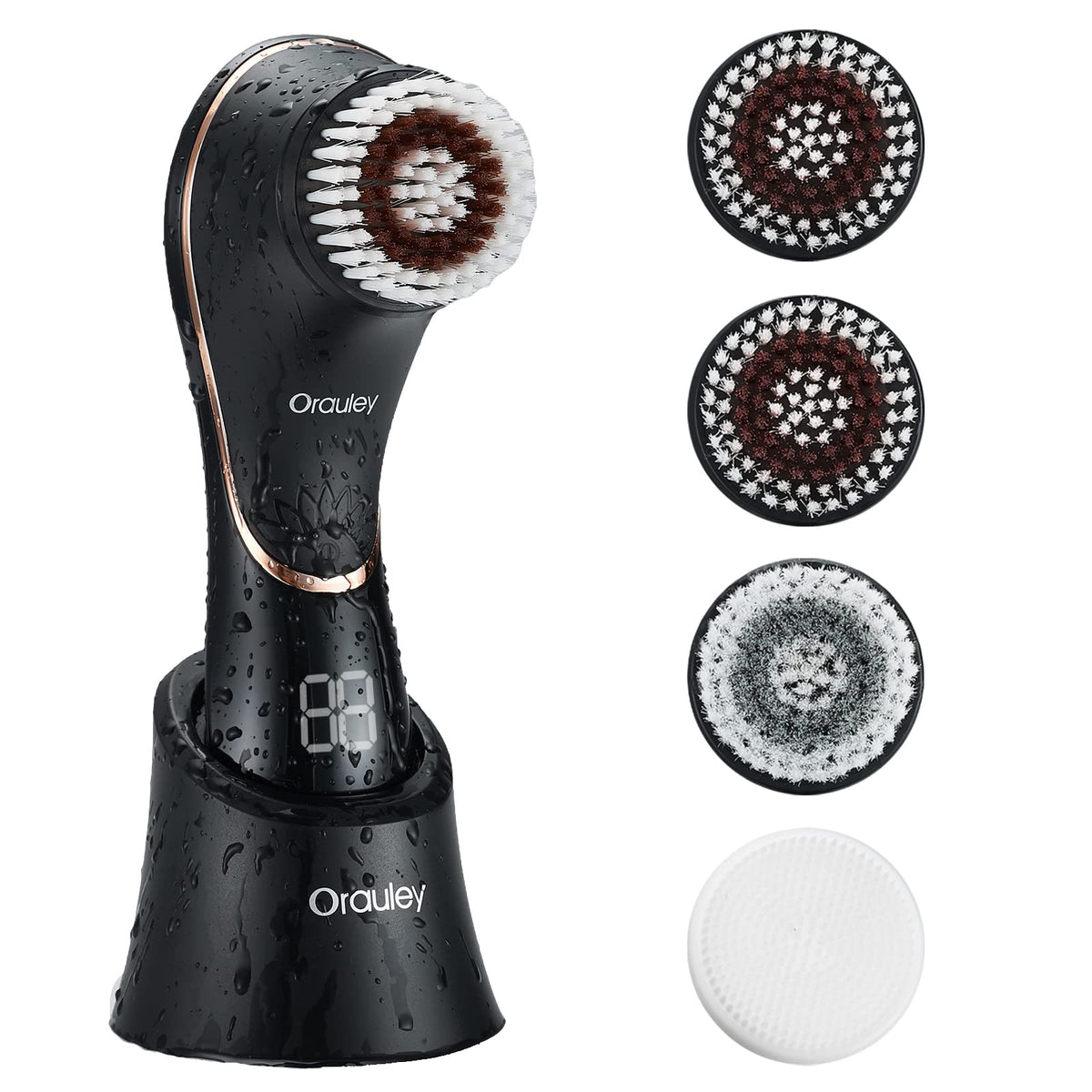 Orauley front view black brush showing sleek design and fast cleansing