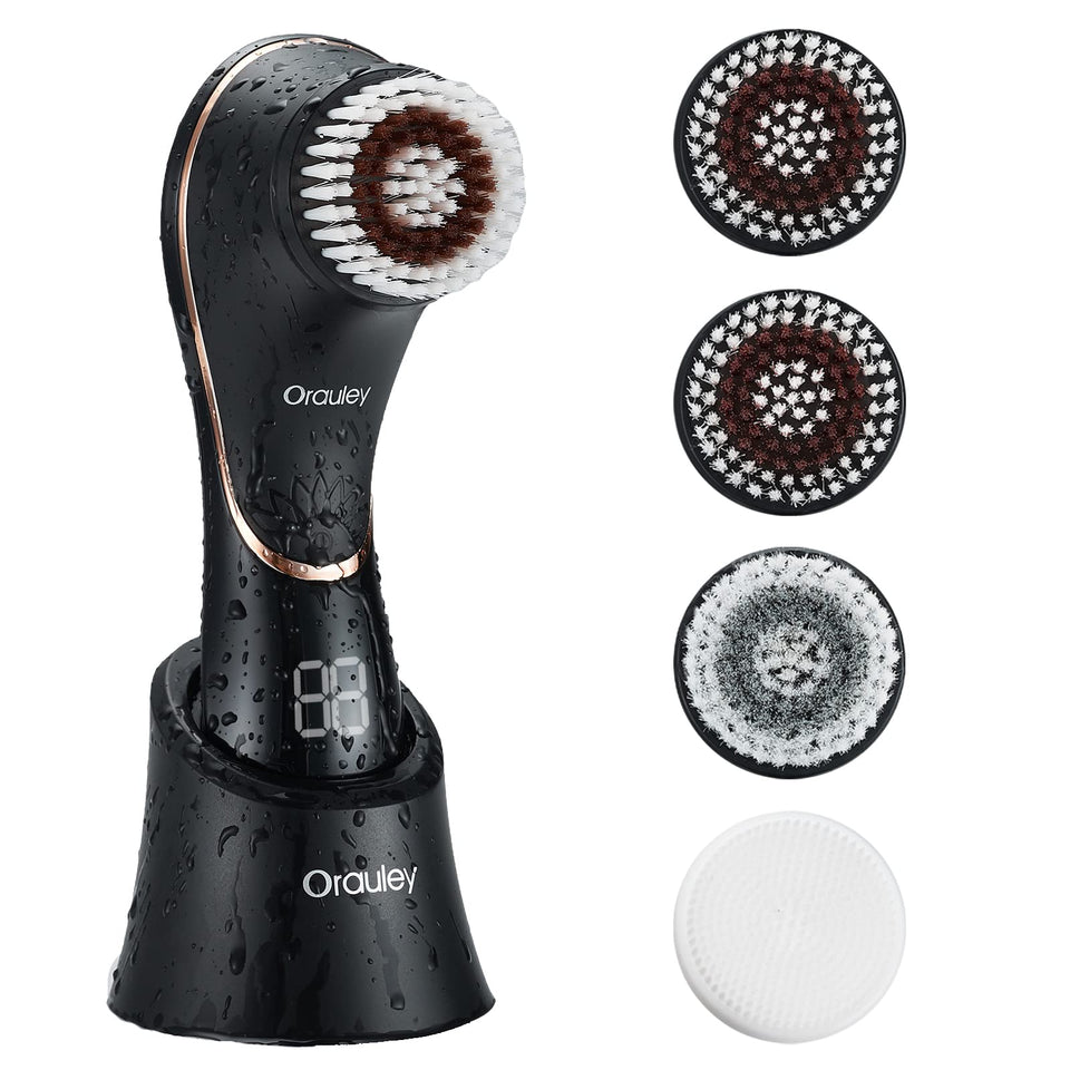 Orauley front view black brush showing sleek design and fast cleansing