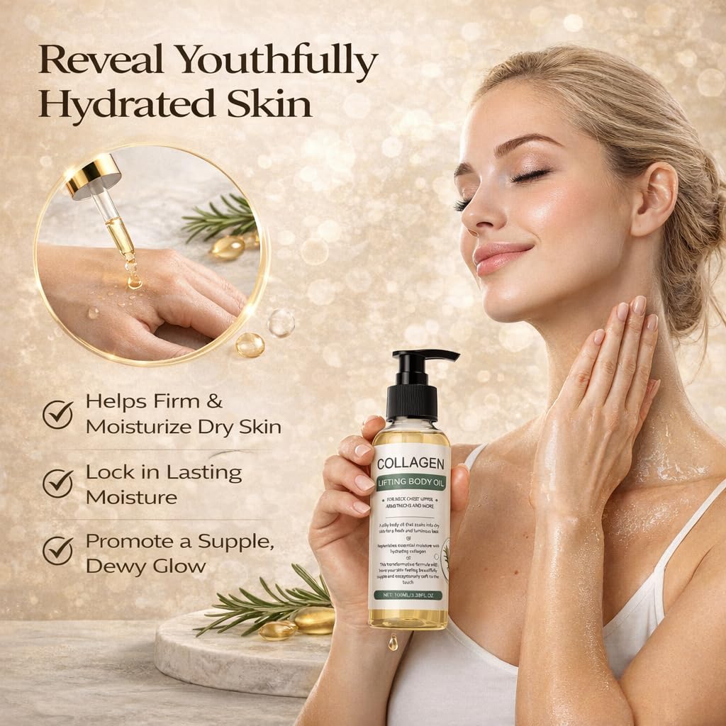 Orelvique application on neck and décolletage demonstrating firming massage benefit