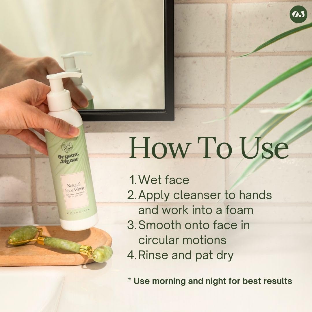 Organic Jaguar face wash on bathroom counter evoking everyday skincare routine