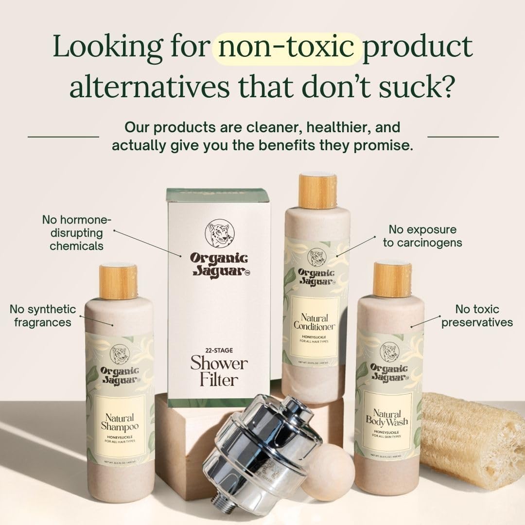 Organic Jaguar closeup label highlighting honeysuckle and aloe vera benefits on packaging