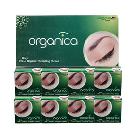 Organica front box of eight eyebrow thread spools showing neat storage and convenience