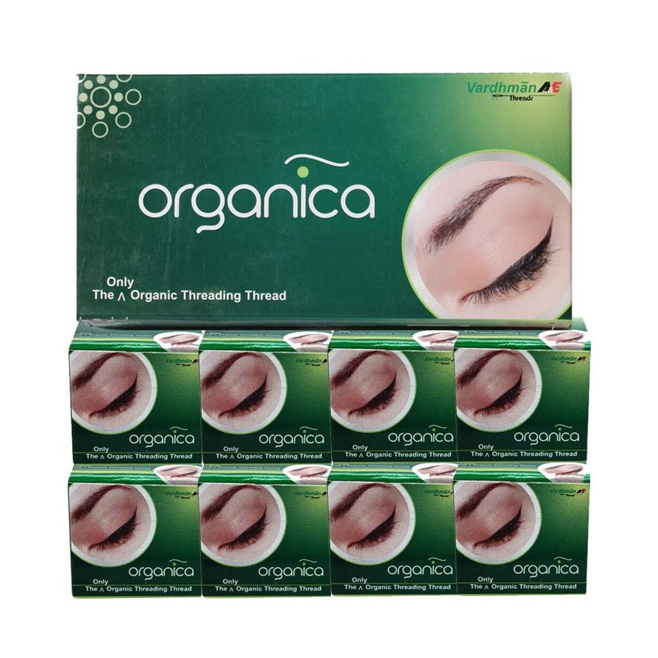Organica front box of eight eyebrow thread spools showing neat storage and convenience