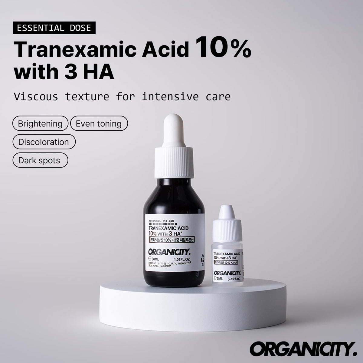 ORGANICITY dropper close-up dispensing clear serum, shows precise application benefit