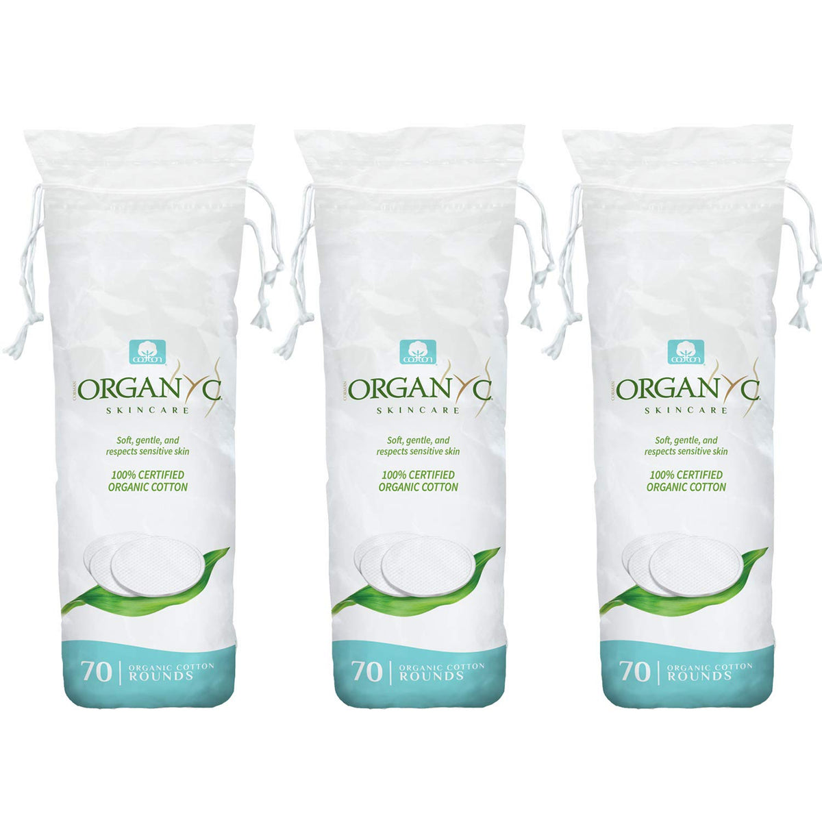 Organyc front packaging showing 210 biodegradable cotton rounds and benefits
