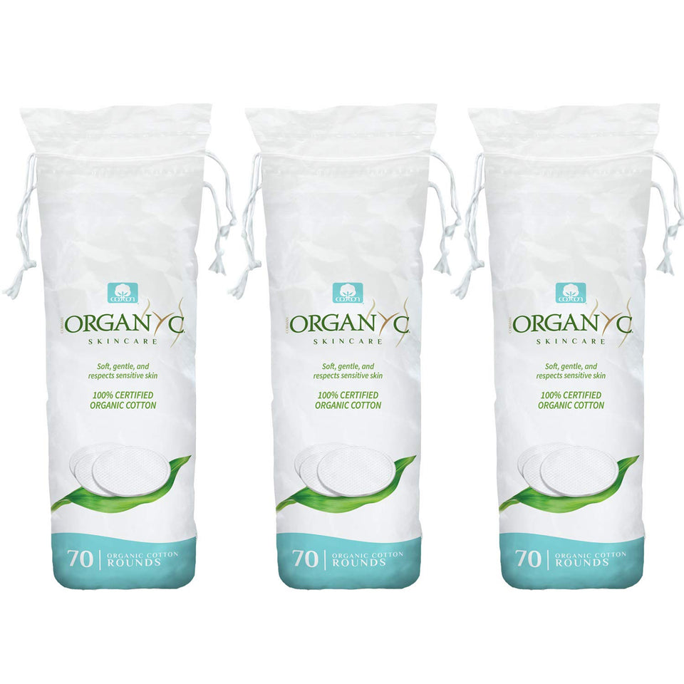Organyc front packaging showing 210 biodegradable cotton rounds and benefits