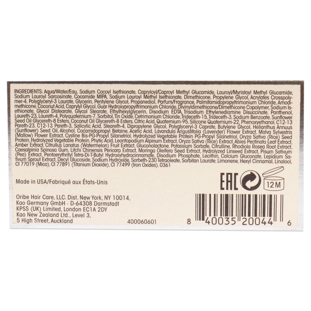 Oribe Silverati Shampoo label and ingredients view highlighting clean, protective formula