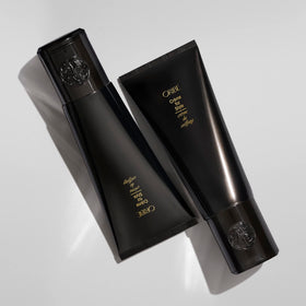 ORIBE before and after on curly hair showing defined, hydrated curls