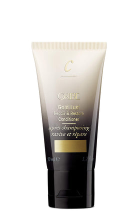 Oribe Gold Lust Conditioner front view showing travel-size bottle and luxury finish benefits