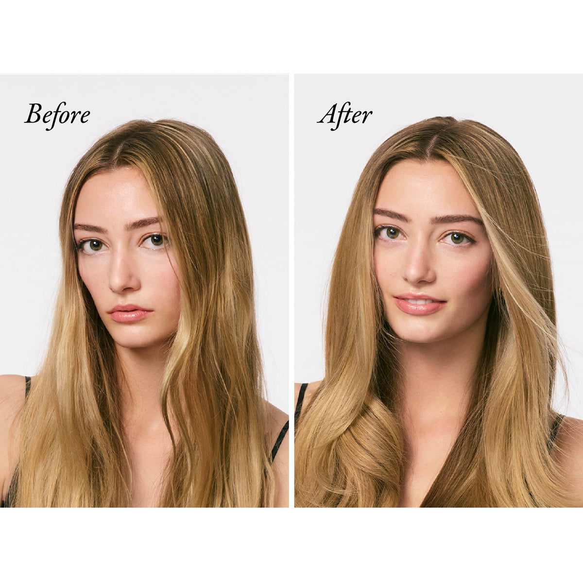 Model applying Oribe Gold Lust to hair before bed to restore damaged strands