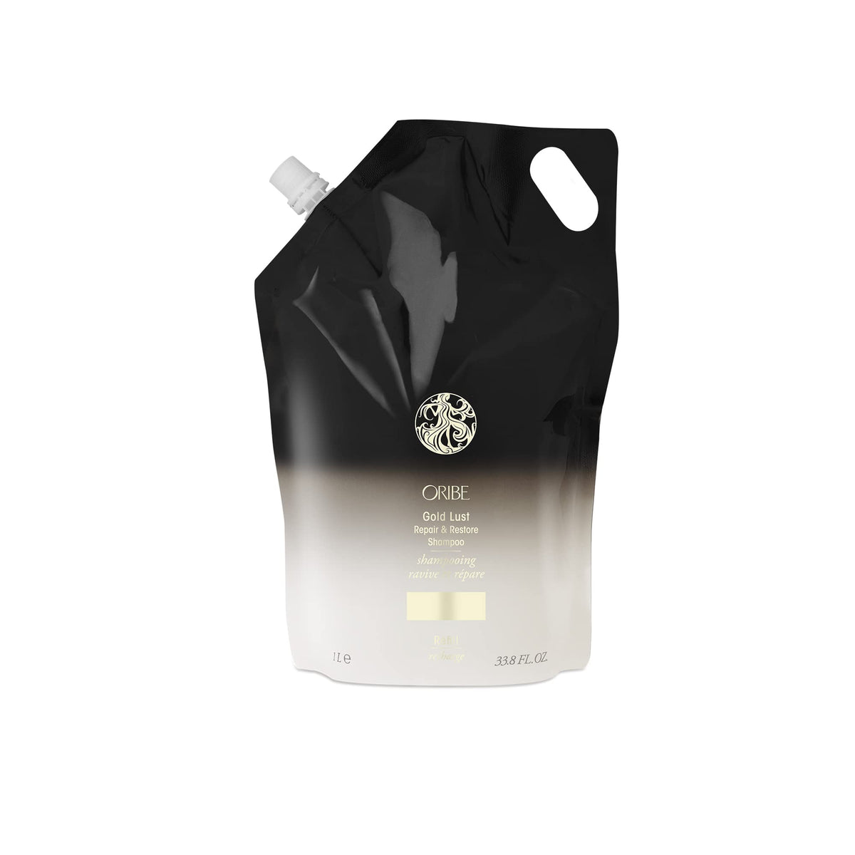 Oribe Gold Lust liter refill pouch front view showing packaging and volume benefit