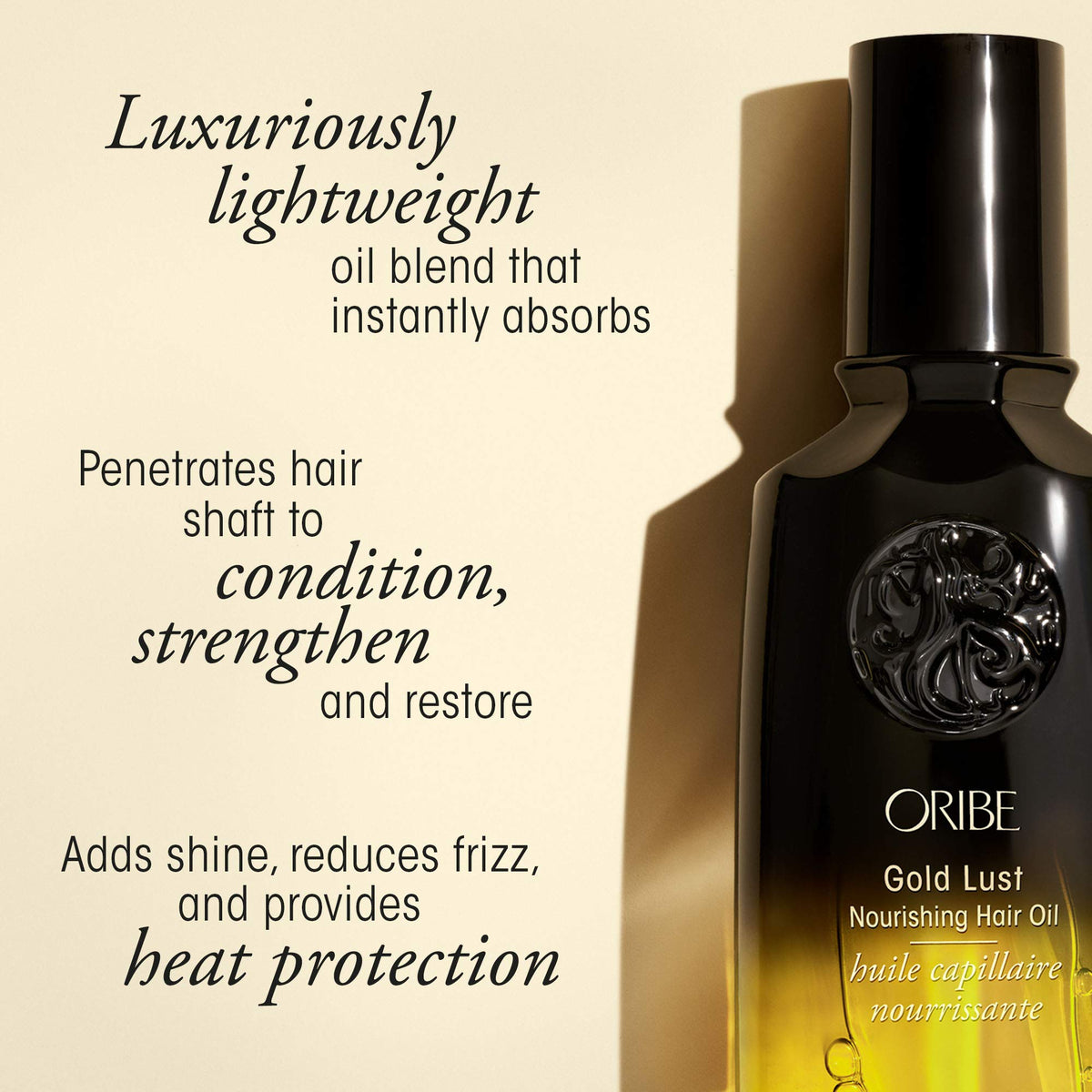 Oribe Gold Lust oil dispensing drops demonstrating easy application and hydration