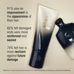 Oribe Gold Lust pouring refill into pump bottle demonstrating spill-free transfer benefit