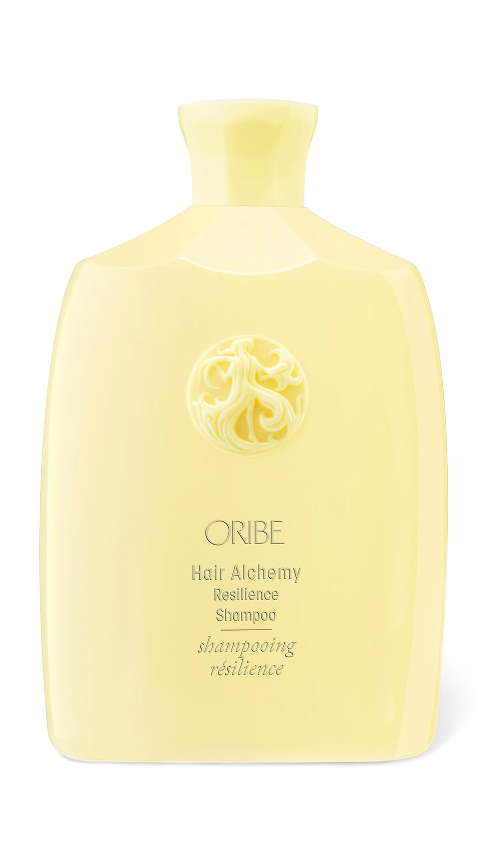 Oribe bottle front view showing Hair Alchemy Resilience shampoo packaging and luxe design