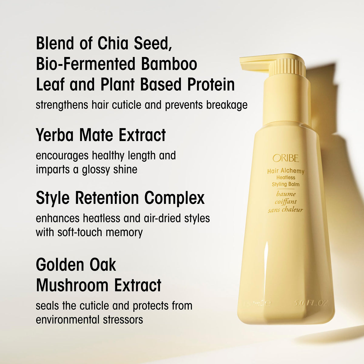 Oribe label close-up highlighting plant-based proteins and strengthening benefit