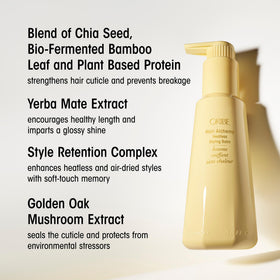 Oribe label close-up highlighting plant-based proteins and strengthening benefit