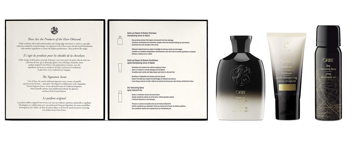 Oribe trio styled on bathroom counter showing how set integrates into routines