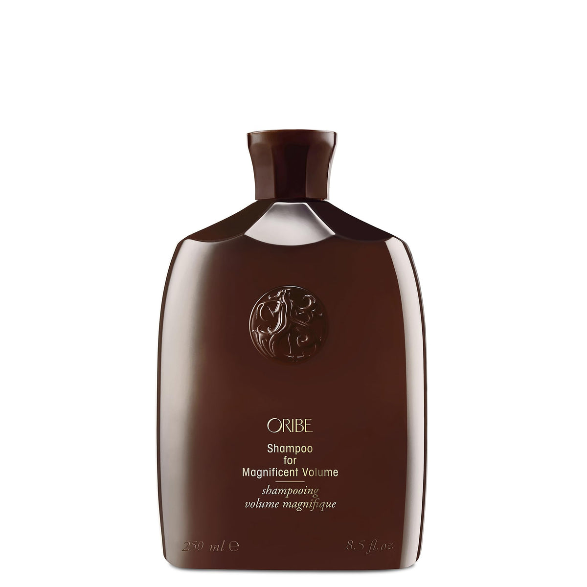 Oribe bottle front view showing branding and size, conveys luxury
