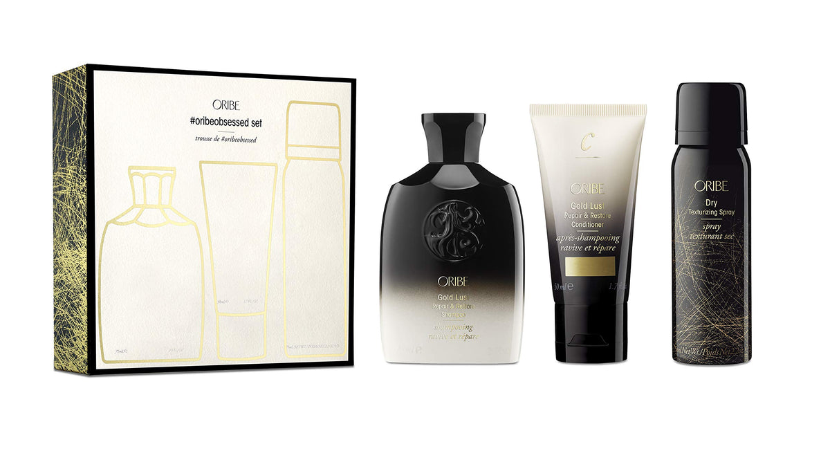 Oribe Obsessed Set front packaging showing three travel-size products and brand elegance