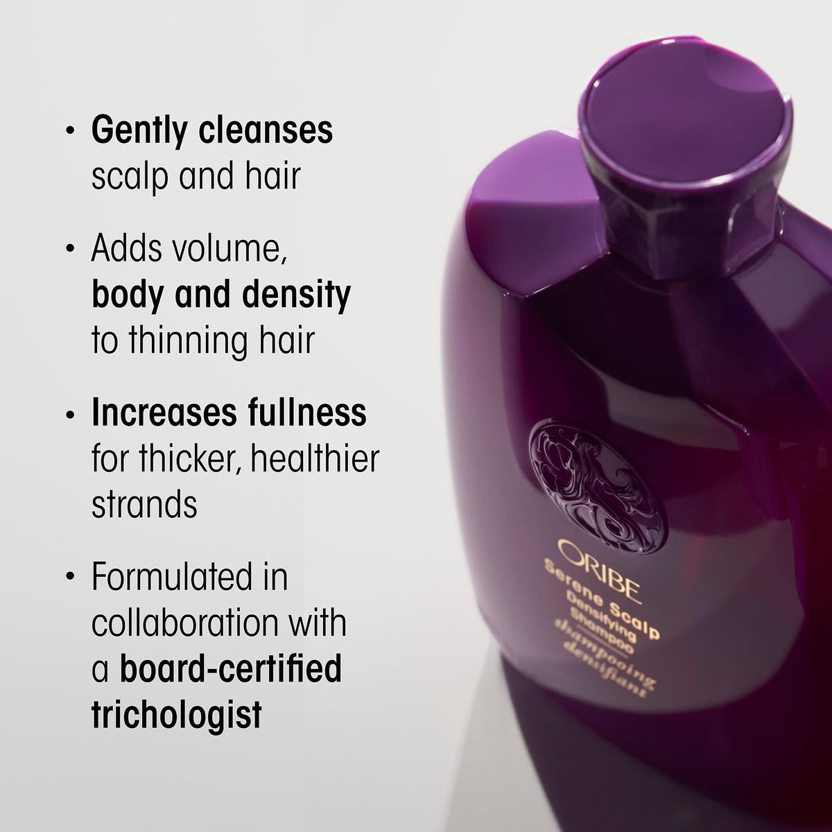 Oribe Serene product label closeup highlighting key ingredients and clarity benefit