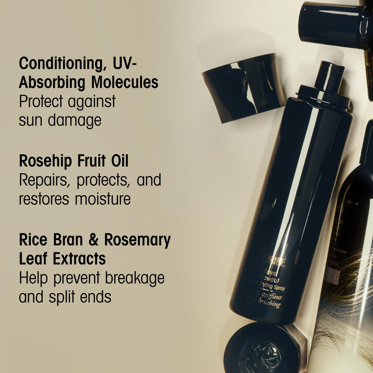 Oribe label close-up highlighting key ingredients and professional formula benefit