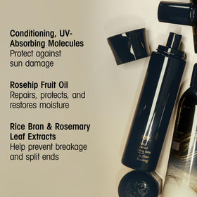 Oribe label close-up highlighting key ingredients and professional formula benefit