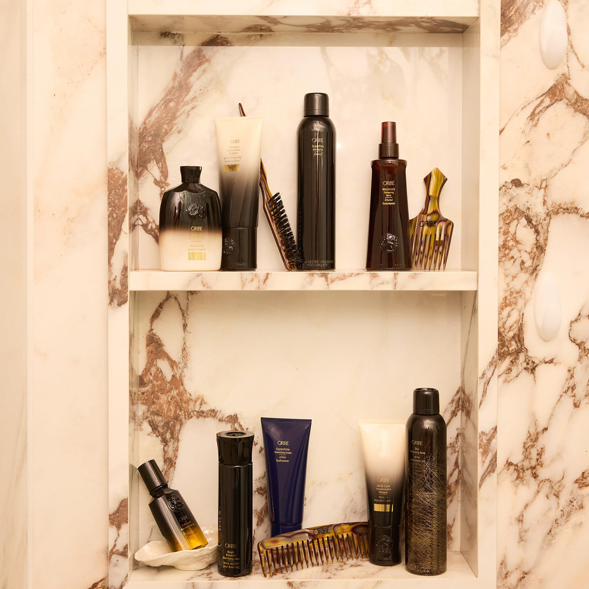 Graphic showing Oribe Royal Blowout UV protection to help guard color and sun damage