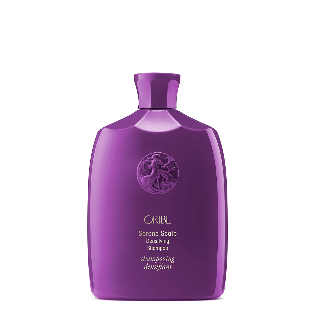 Oribe Serene Scalp shampoo front packaging showing sleek bottle and branding benefit volumizing