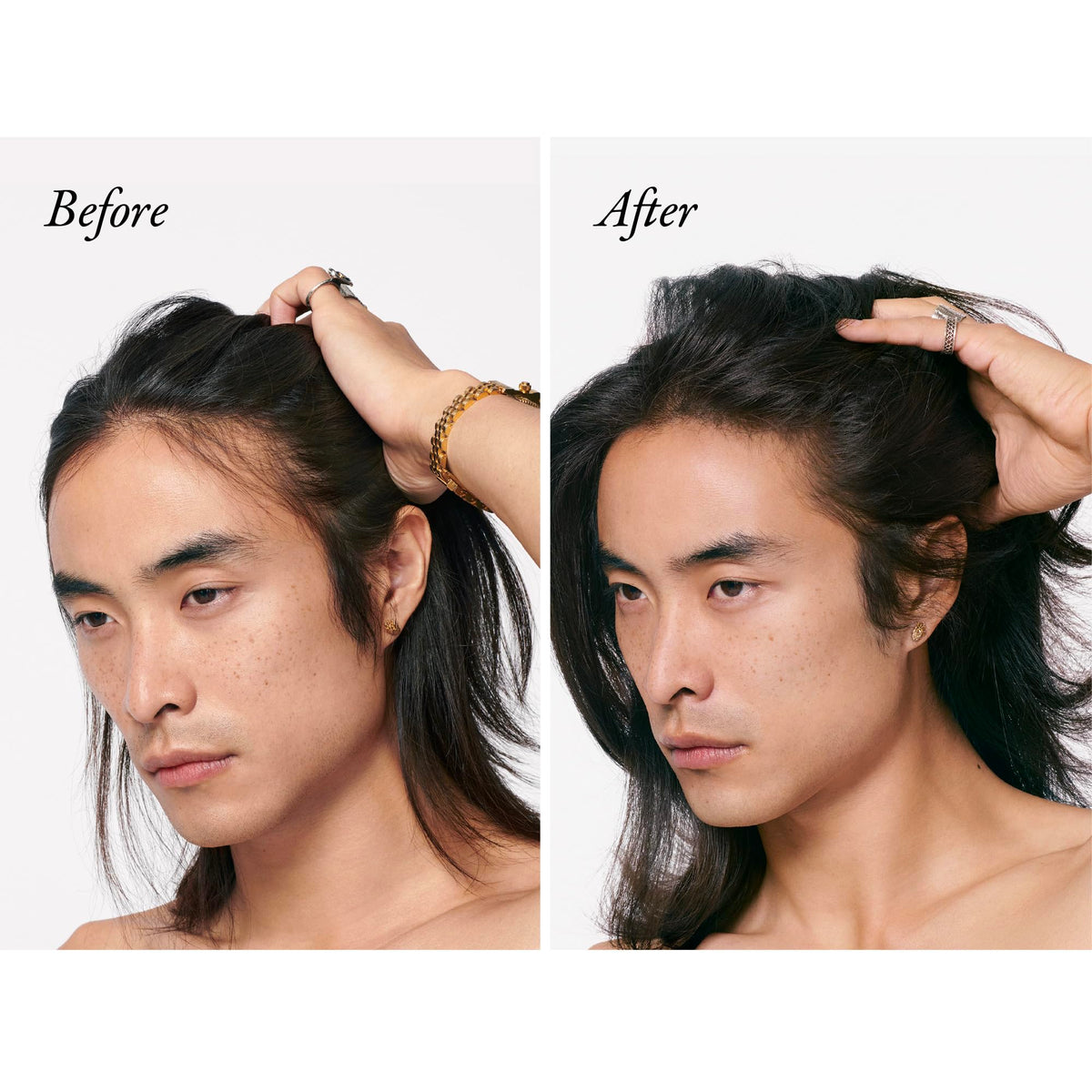 ORIBE close-up spray nozzle dispensing mist for precise scalp targeting