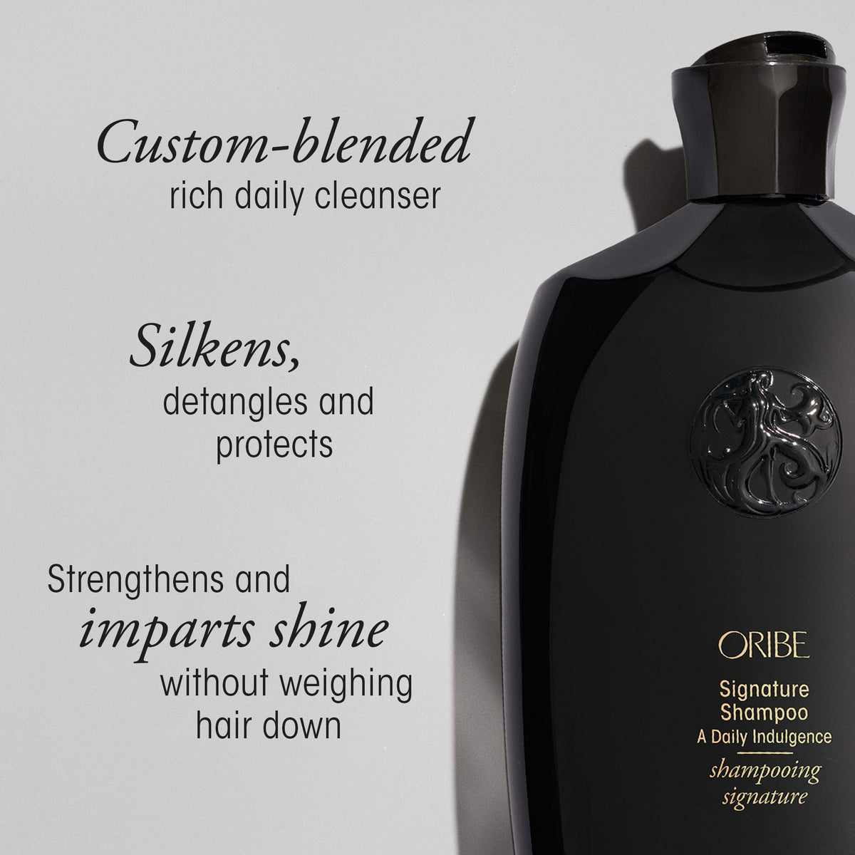 ORIBE shampoo texture close-up emphasizing rich consistency and slip for styling