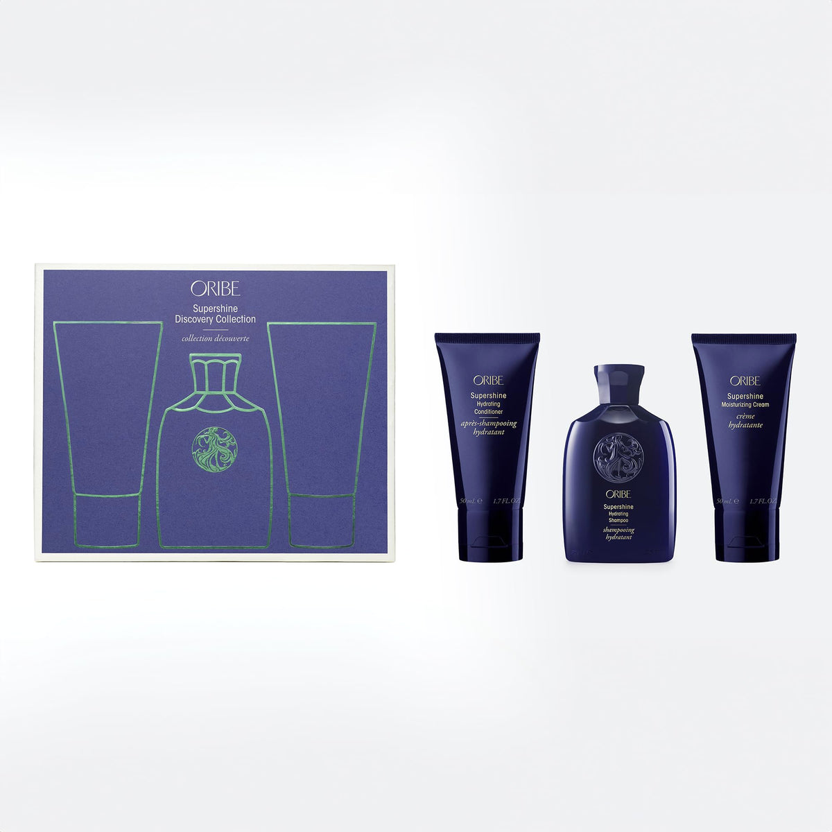 Oribe Supershine travel set front packaging showing trio and travel convenience
