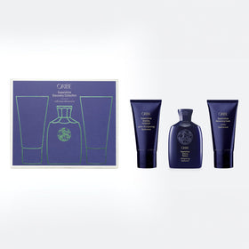 Oribe Supershine travel set front packaging showing trio and travel convenience