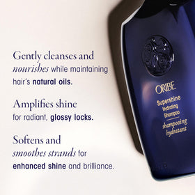 Oribe Supershine label close-up showing brand information and elegant packaging