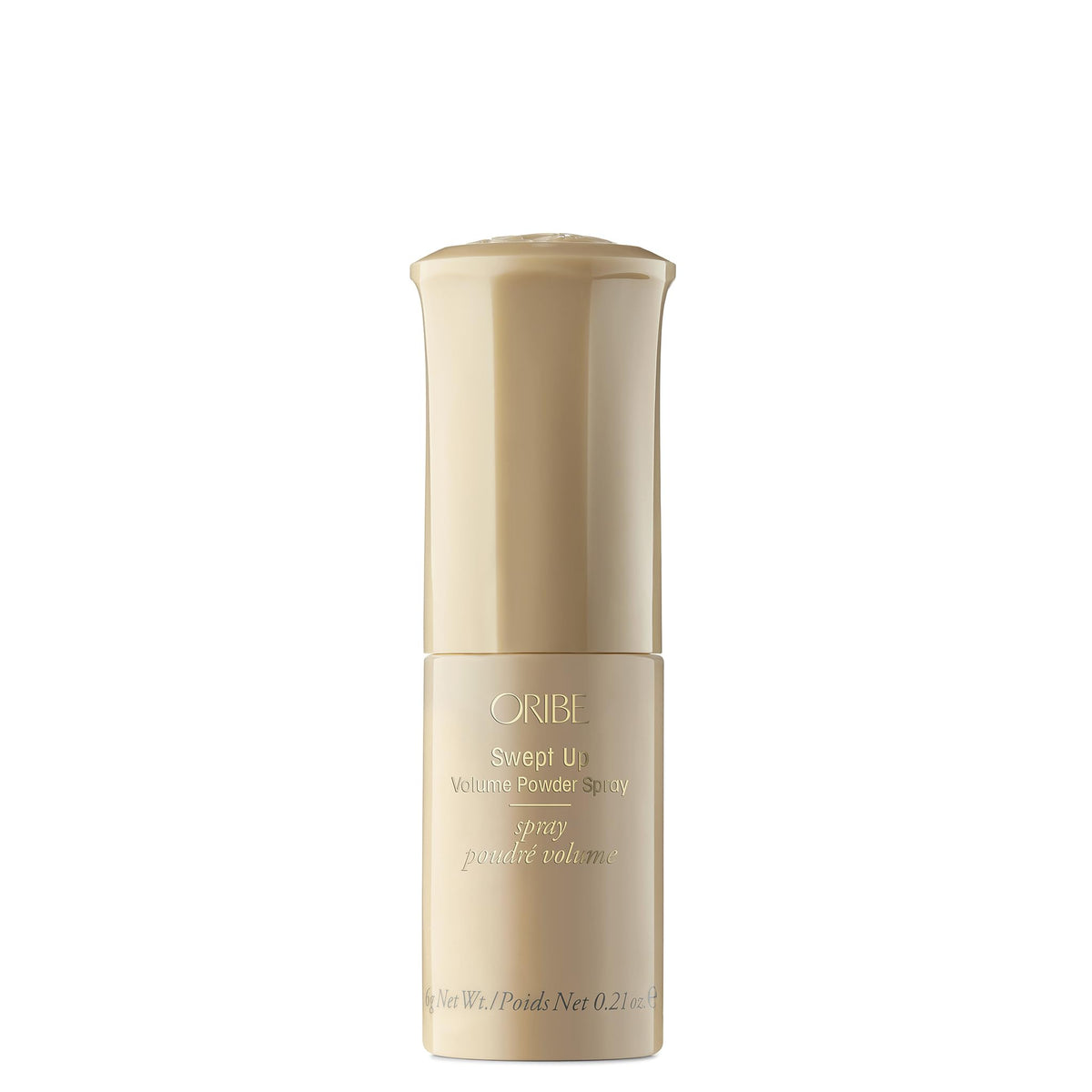 ORIBE swept up volume powder front packaging shows compact can and label, convenient travel size