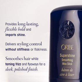 Applying Oribe Supershine wax stick to hairline taming flyaways for smooth finish