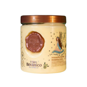 Origen Botánico jar front view showing label and restorative 400 ml size, emphasizes deep repair