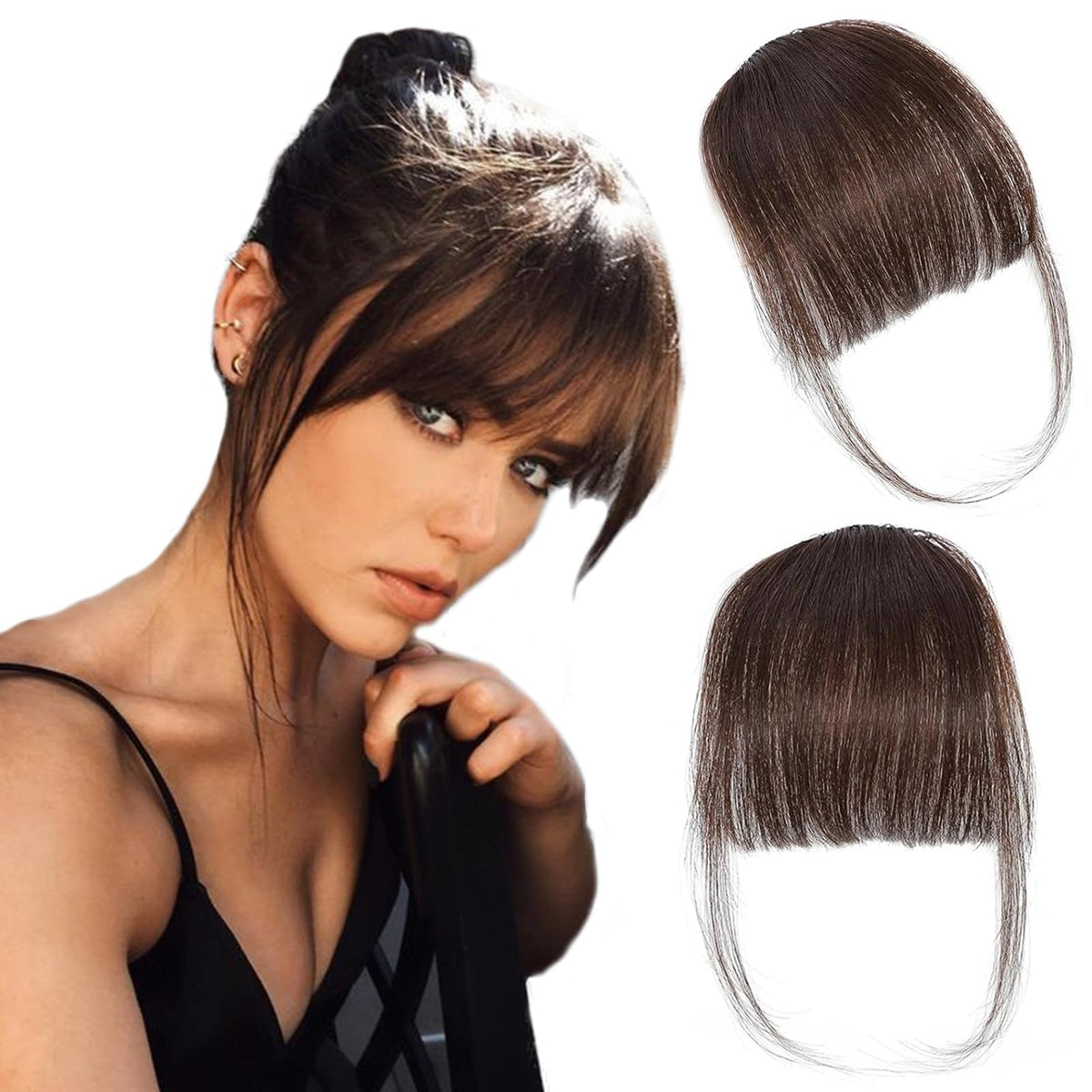 ORIGEN front view of dark brown clip-in bangs showing natural blend benefit