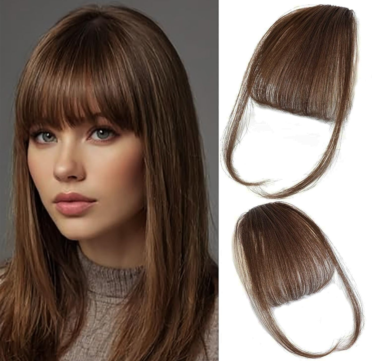 ORIGEN front view medium brown bangs showing natural fringe benefit