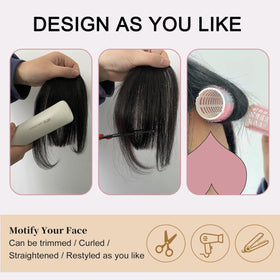 ORIGEN size comparison showing bangs length on hand for scale benefit