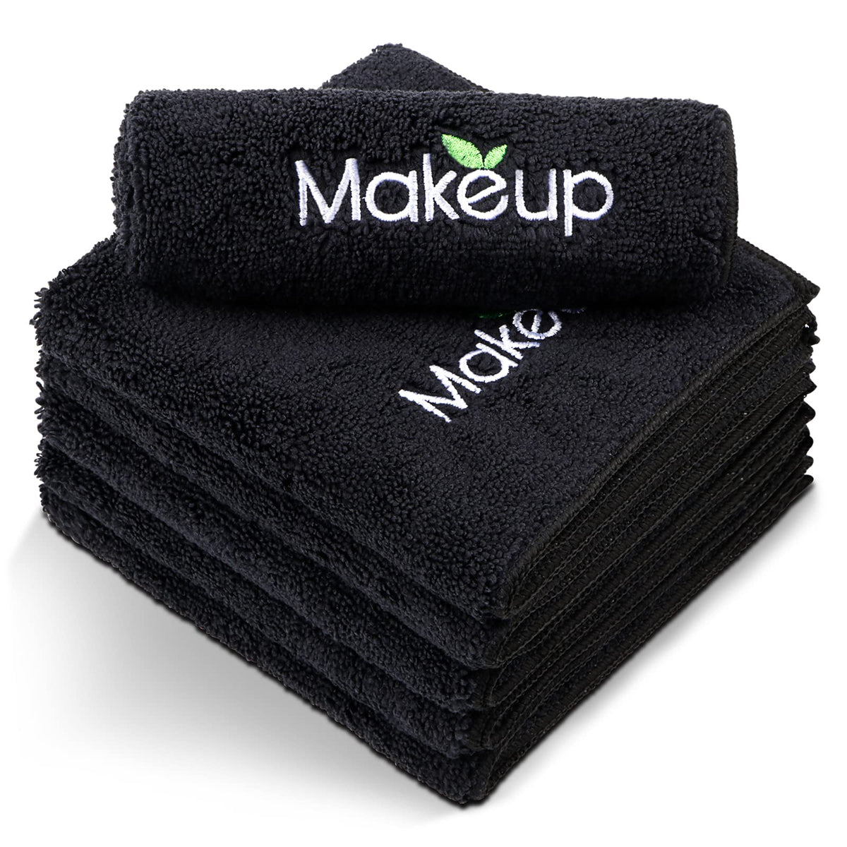 Orighty front view of six black microfiber towels showing pack and benefit of complete set