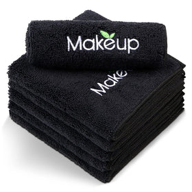 Orighty front view of six black microfiber towels showing pack and benefit of complete set