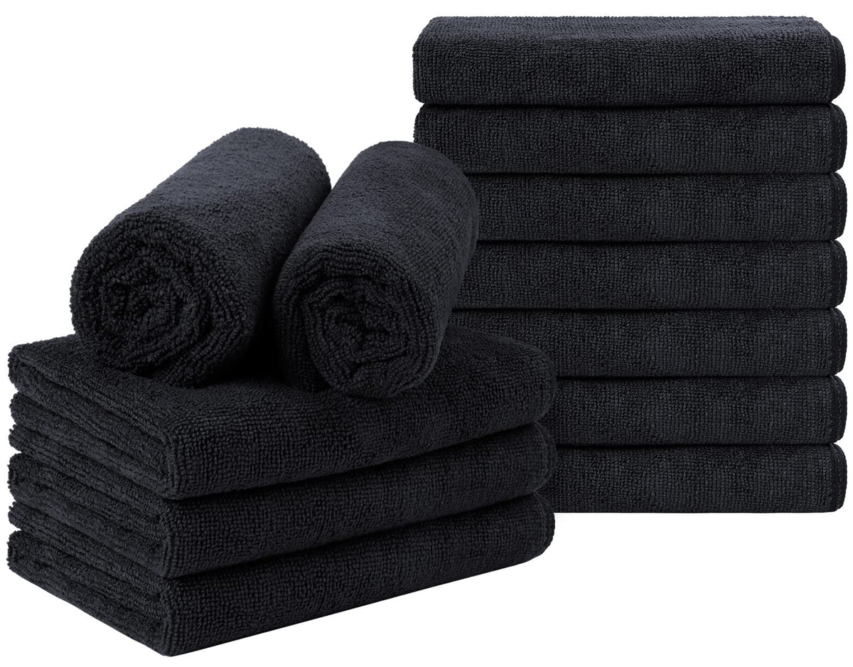 Orighty front pack of 12 black salon towels showing quantity and size benefit