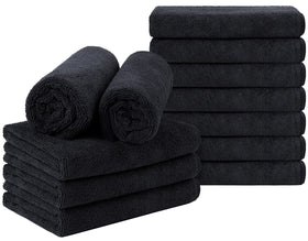 Orighty front pack of 12 black salon towels showing quantity and size benefit